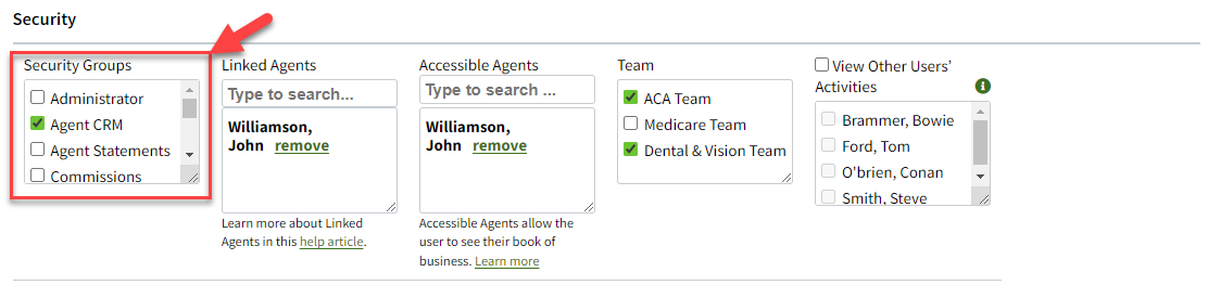 Screenshot highlighting the user's assigned Security Group