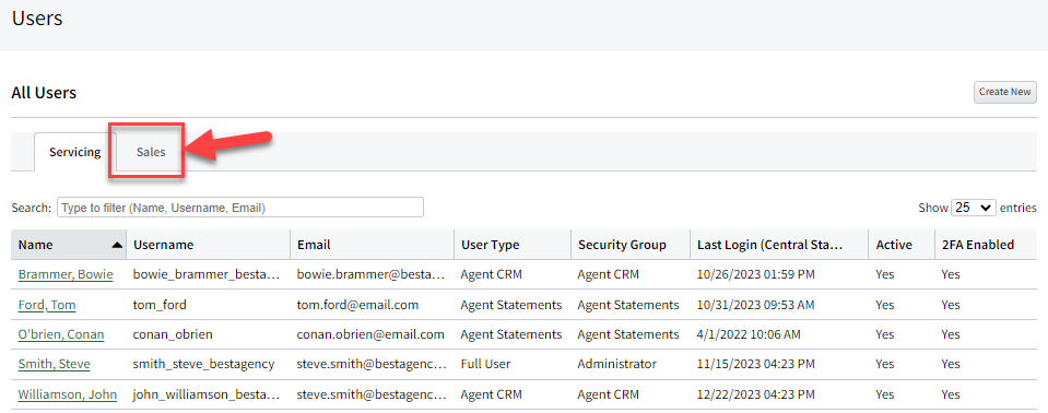 Screenshot highlighting the Sales tab in user settings