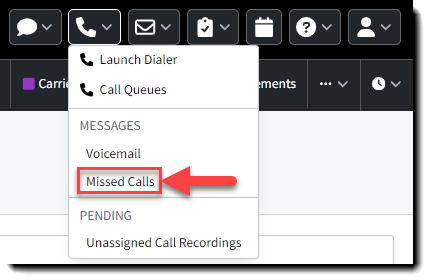Screenshot showing how to access missed calls history
