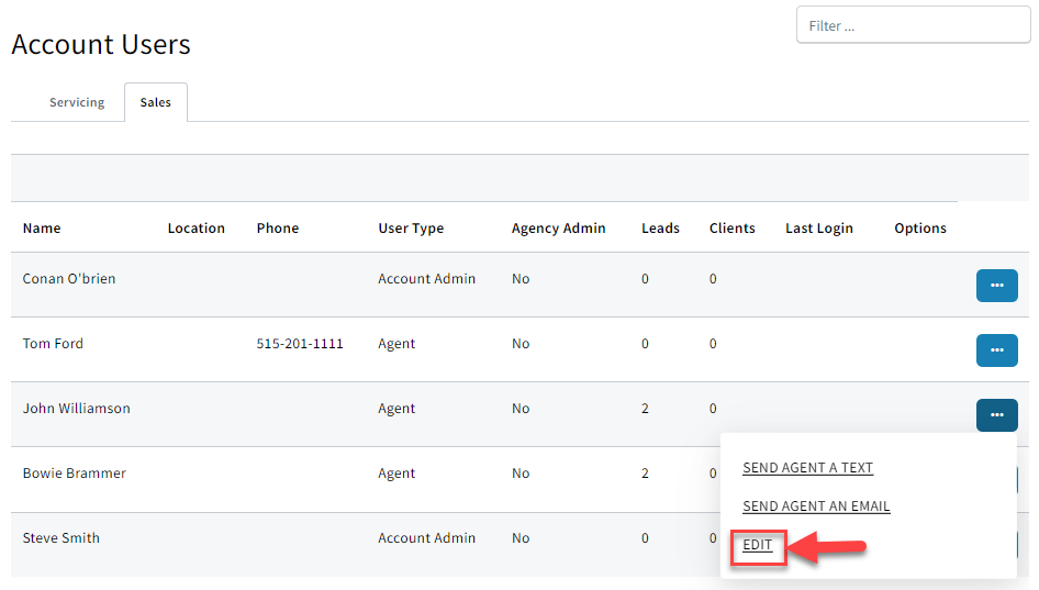 Screenshot showing how to edit a user's Sales permissions
