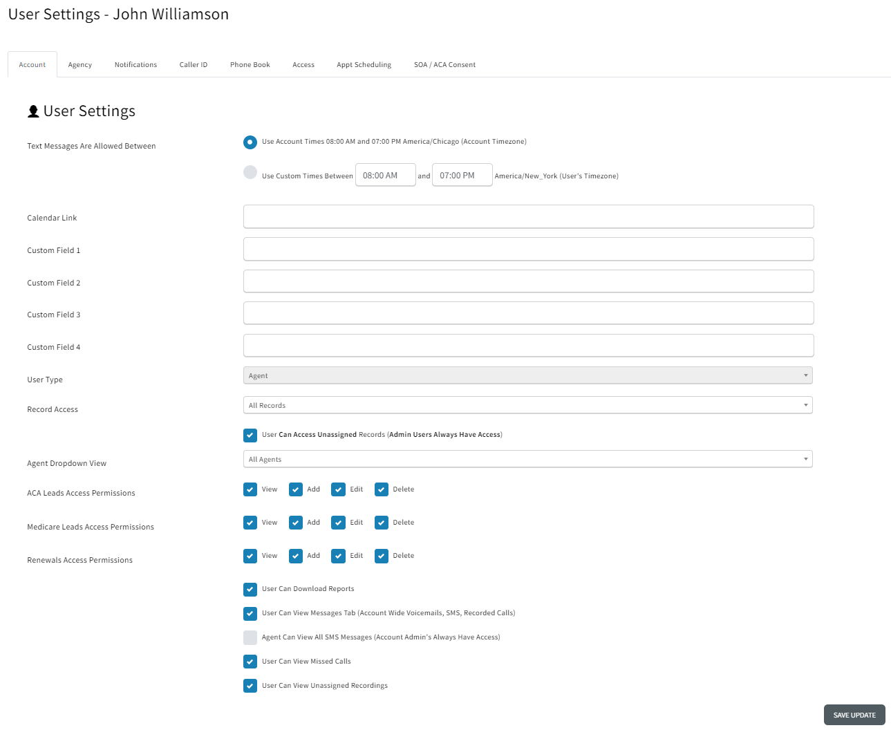 Screenshot showing the user's Sales permissions