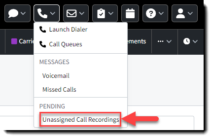 Screenshot showing how to access unassigned call recordings