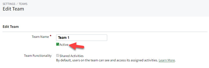 Screenshot showing the Active checkbox in Team settings