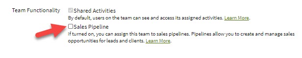 Screenshot showing the Sales Pipeline setting on a Team