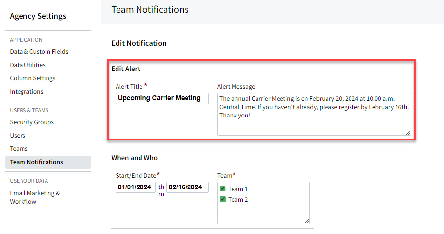 Screenshot showing how to add messaging to the Team Notification