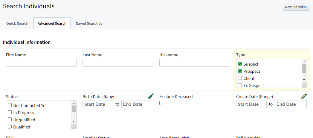 Screenshot showing Advanced Search filters