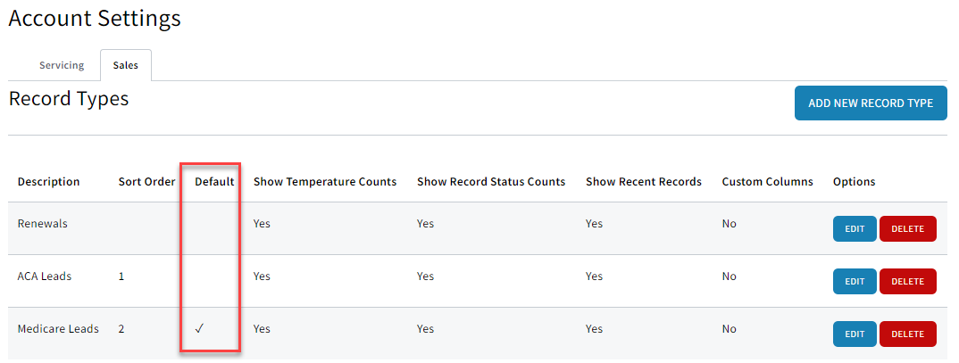 Screenshot showing the default Record Type in settings