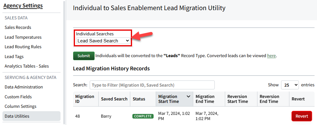 Screenshot showing a saved search in the Lead Migration Utility
