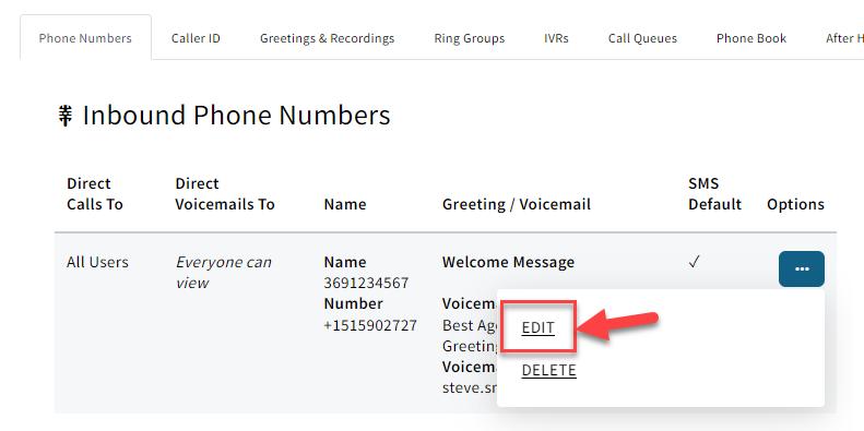 Screenshot showing how to edit a phone number