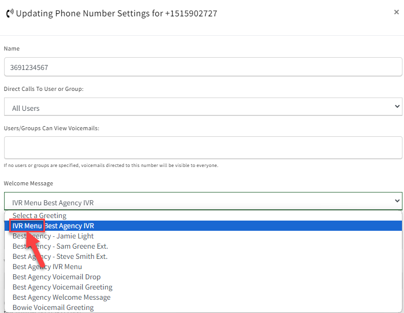 Screenshot showing how to set the IVR message as the welcome message for a phone number