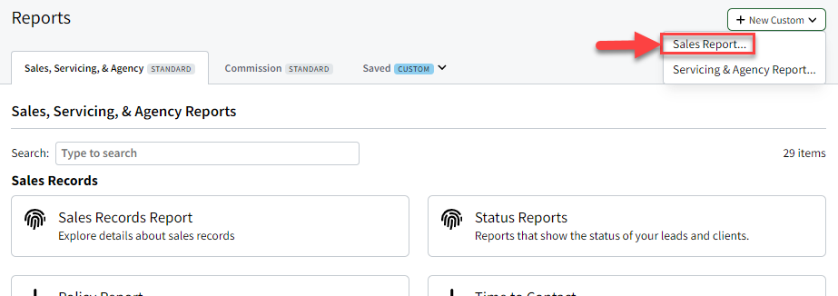 Screenshot showing how to navigate to Custom Sales Reports