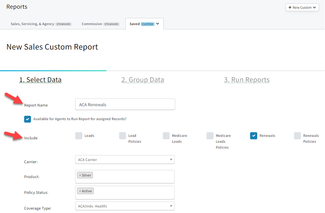 Screenshot showing the report name and included record types