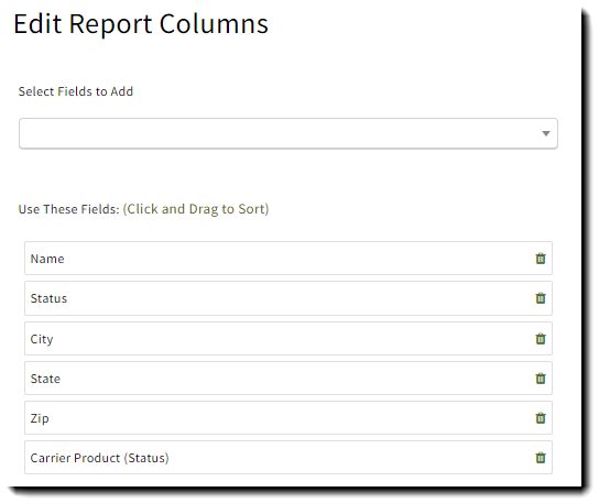 Screenshot showing the report columns and column order