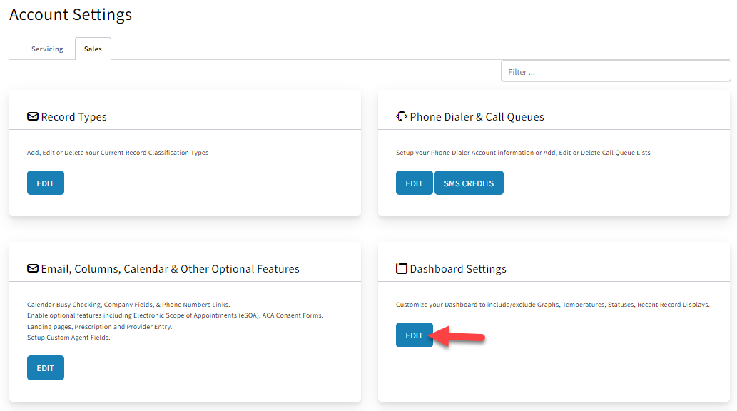 Screenshot showing how to navigate to Sales Dashboard Settings