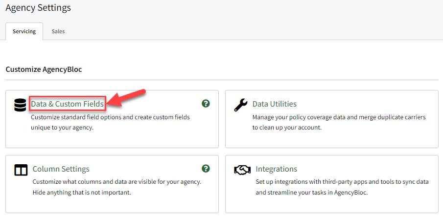 Screenshot showing how to navigate to Data & Custom Field settings
