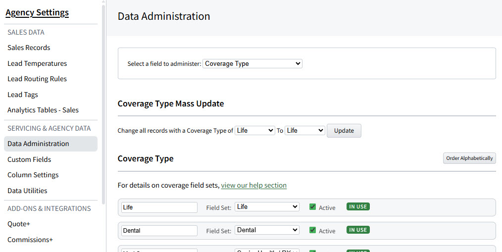 Screenshot showing the Coverage Type field in settings