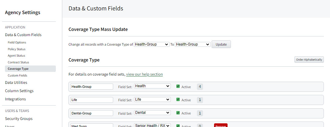 Screenshot showing the Coverage Type field in settings