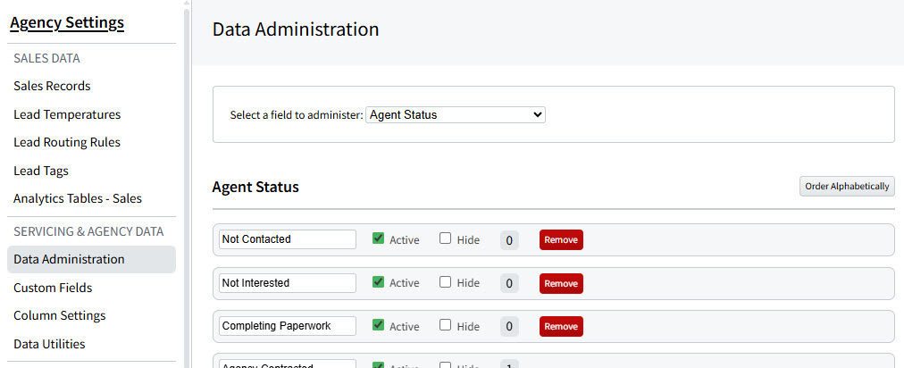 Screenshot showing the Agent Status field in settings
