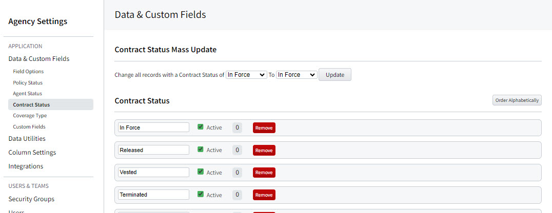 Screenshot showing the Contract Status field in settings