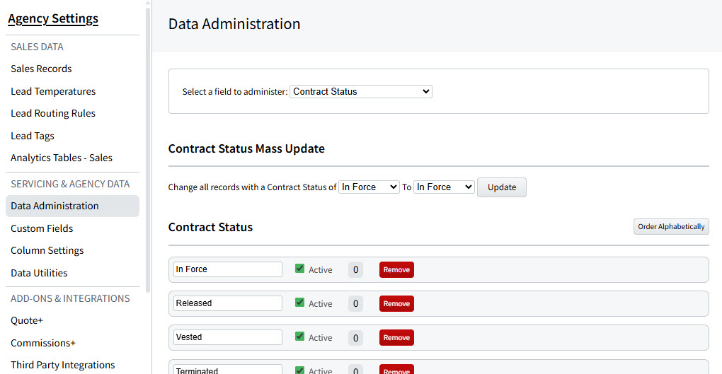 Screenshot showing the Contract Status field in settings