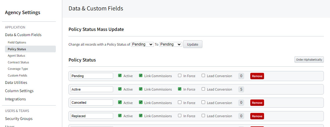 Screenshot showing the Policy Status field in settings