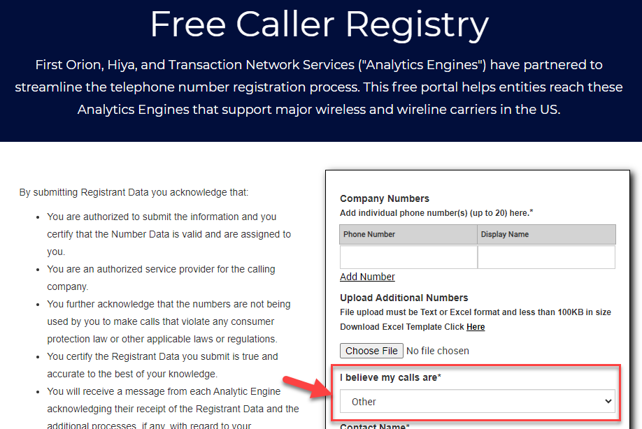 Screenshot showing the I believe my calls are field on the caller registry website