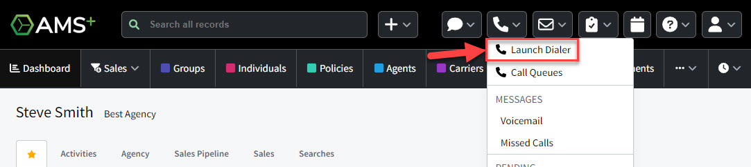 Screenshot showing how to launch the Dialer from the AMS+ header navigation