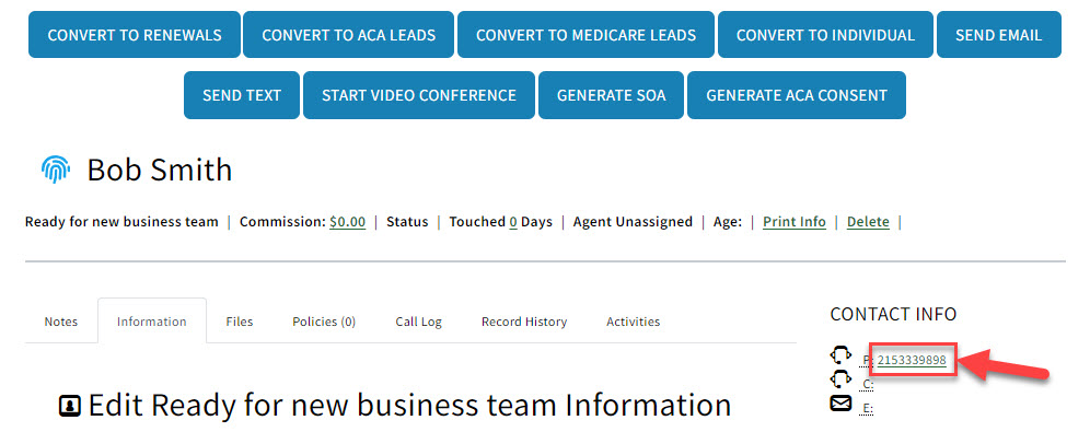 Screenshot showing how to start a call via click-to-dial on a Sales Record