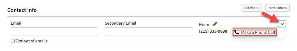 Screenshot showing how to start a call from an Individual Record