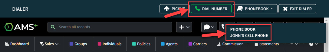 Screenshot highlighting the Dialer Number button and Phonebook menu in the Dialer interface for adding another person to the call