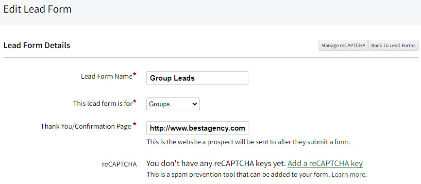 Screenshot showing the lead form details