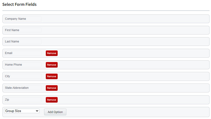 Screenshot showing the form fields for a group lead form