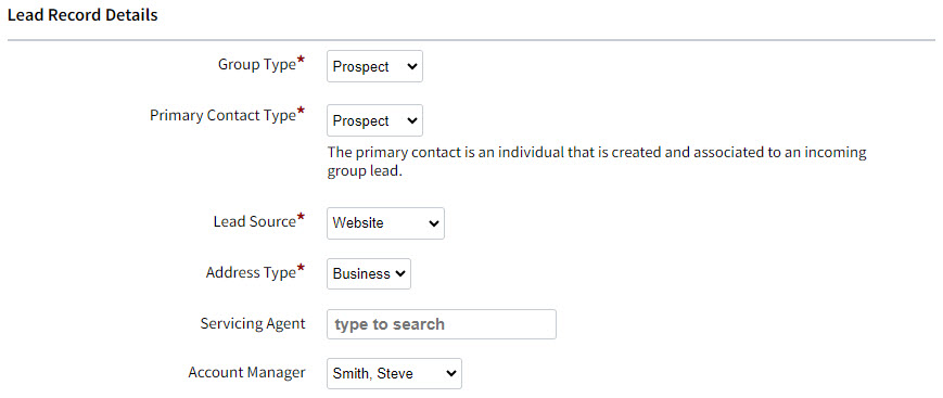 Screenshot showing the lead record details