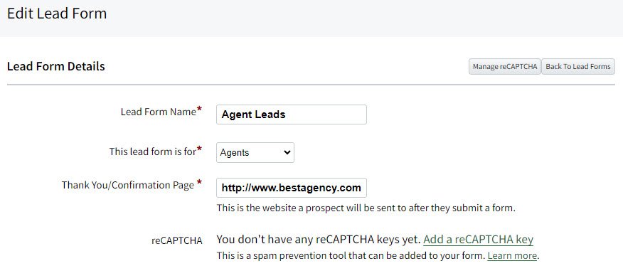 Screenshot showing the lead form details