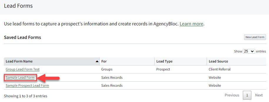 Screenshot showing the Lead Forms page