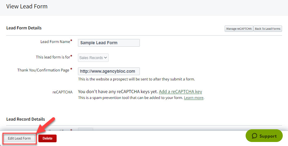 Screenshot showing the Edit Lead Form button