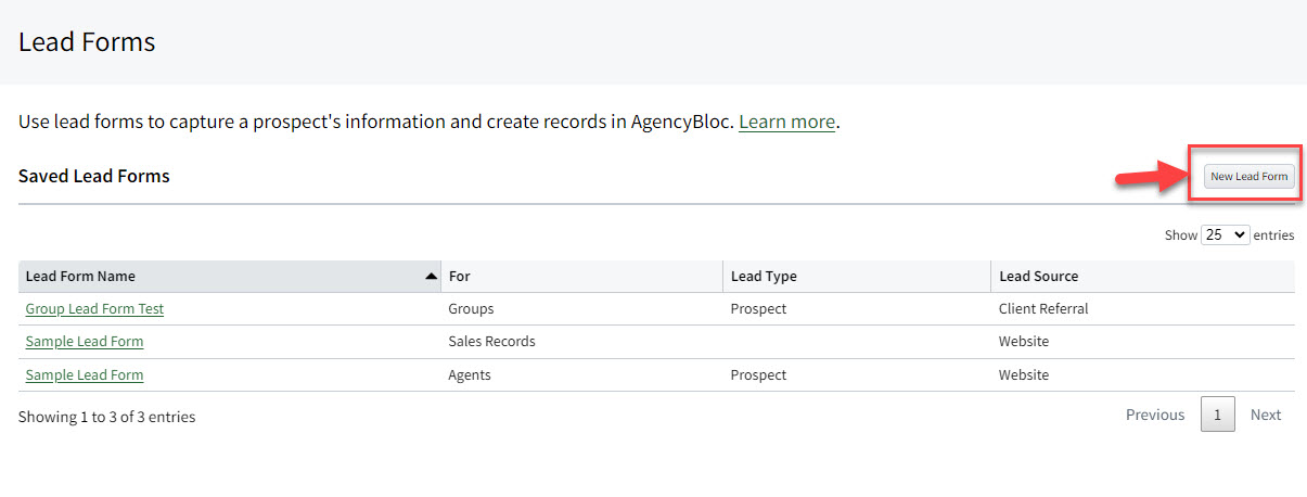 Screenshot showing how to add a new Lead Form