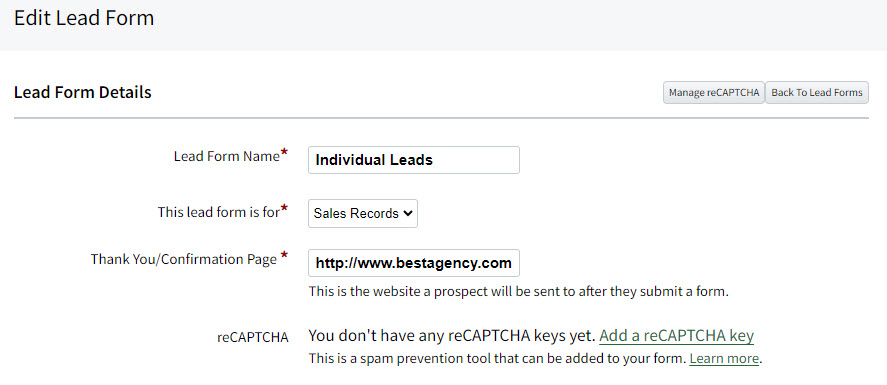 Screenshot showing lead form details