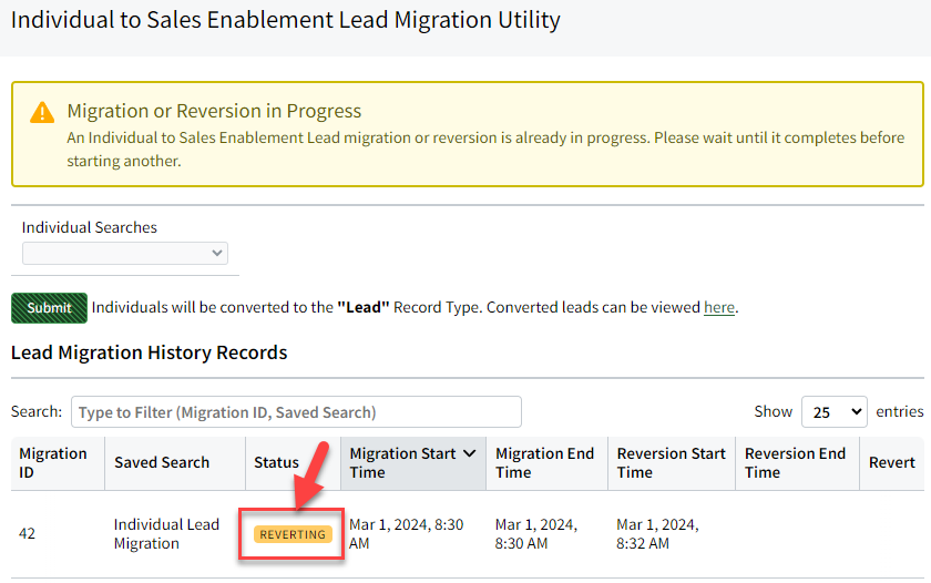 Screenshot showing a migration entry's reverting status