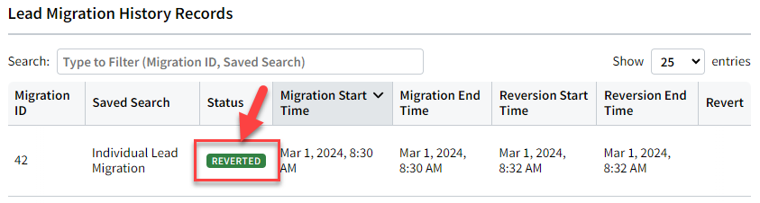 Screenshot showing a migration's entry's reverted status