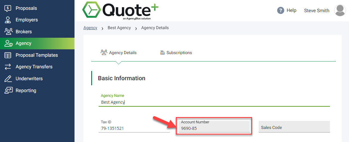 Screenshot showing where to find the agency's account number in Quote+