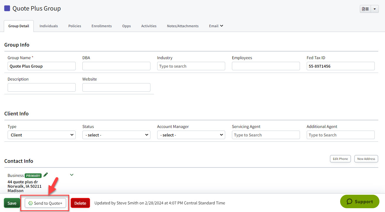 Screenshot showing the Send to Quote+ button on a Group Record