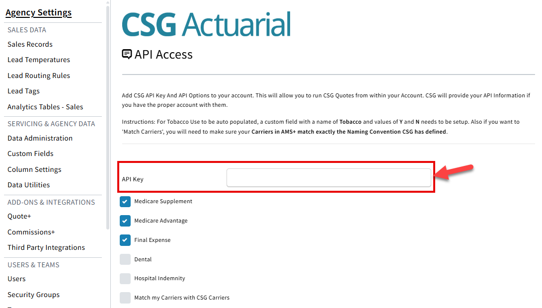 Screenshot showing where to enter your CSG API key