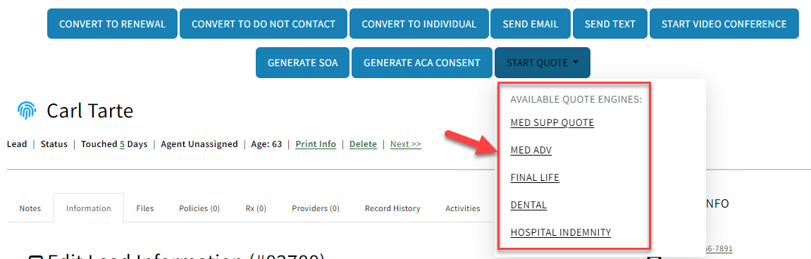 Screenshot showing the Start Quote button on a Sales Record