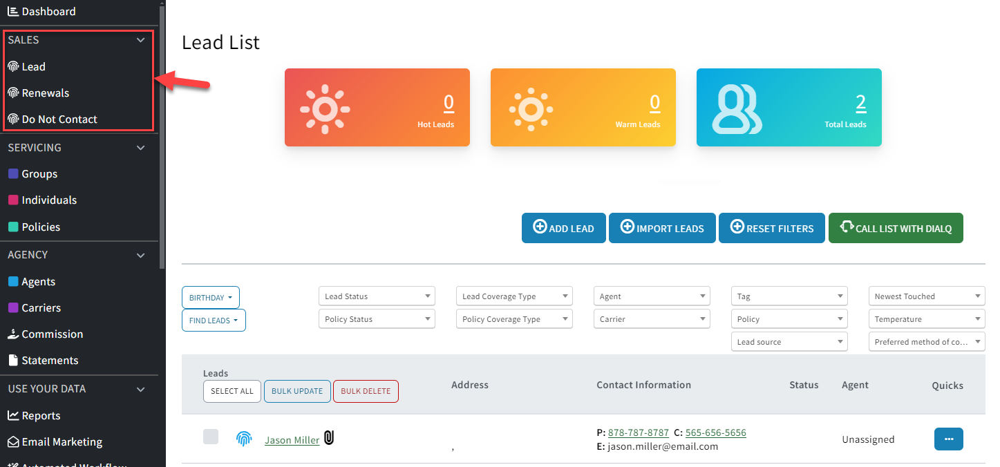 Screenshot showing how to navigate to a Lead List