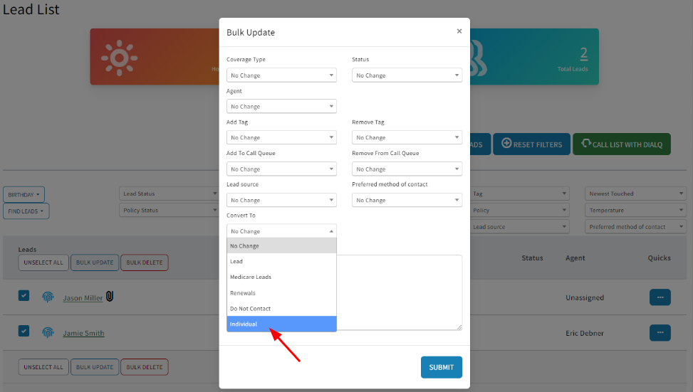 Screenshot showing how to bulk update multiple Sales Records