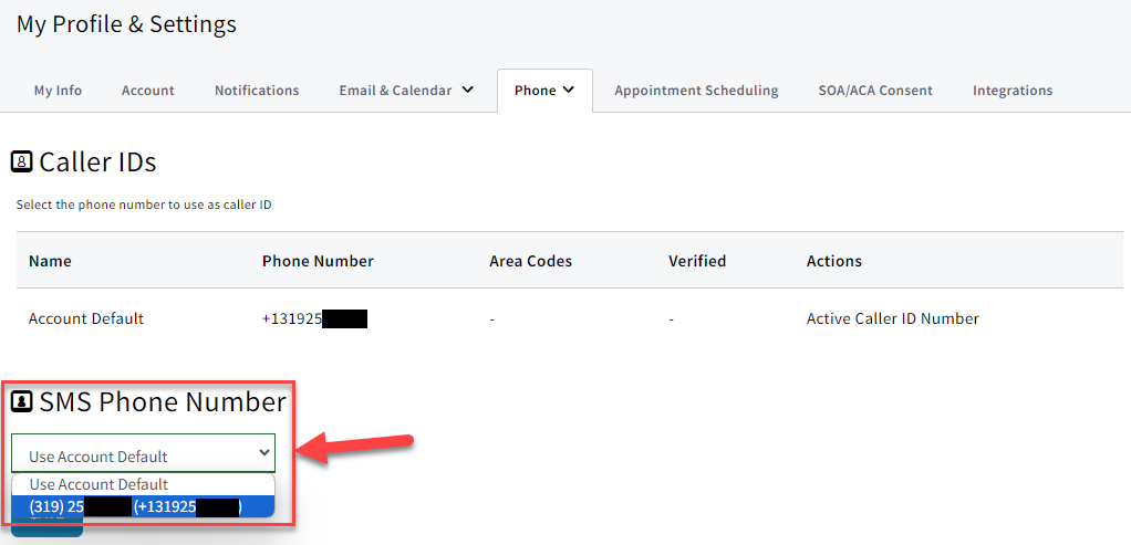 Screenshot showing how to change the SMS caller ID at the user level