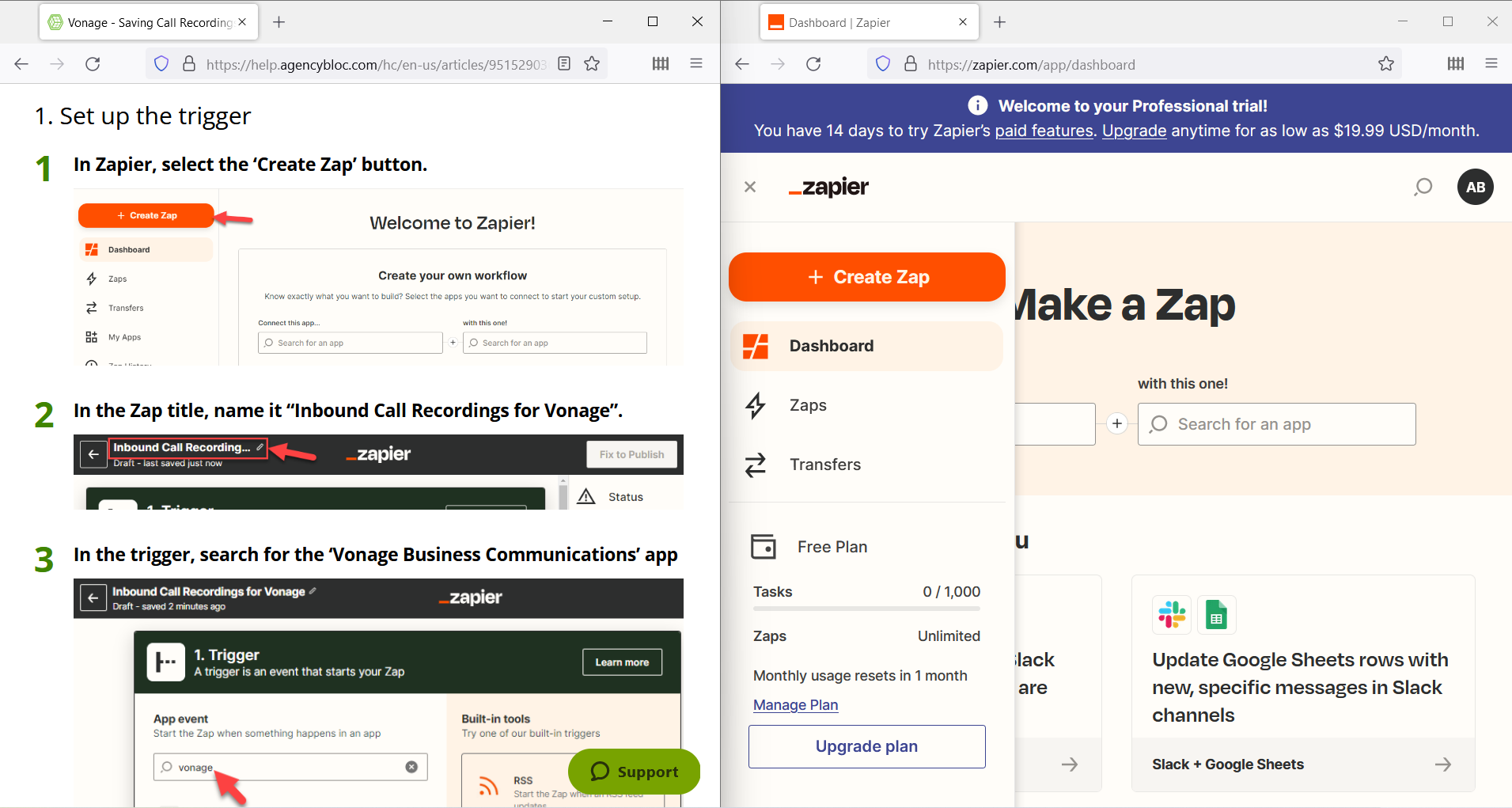 Screenshot showing the Vonage help article open in one window and Zapier open in anotehr window