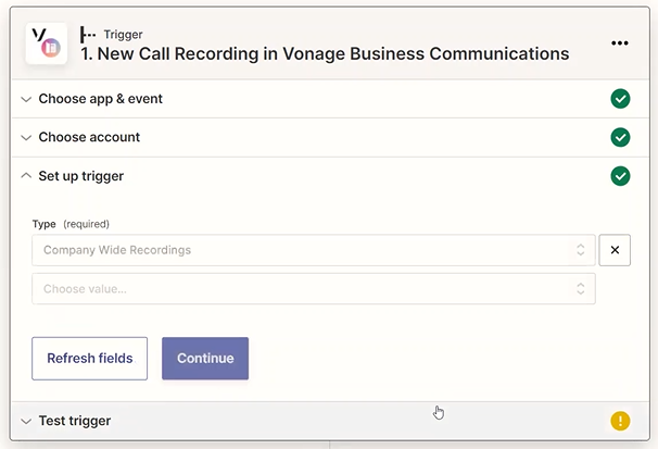 Screenshot showing the company wide recordings option in the trigger type field