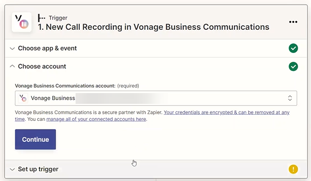Screenshot showing the trigger field for selecting your Vonage account